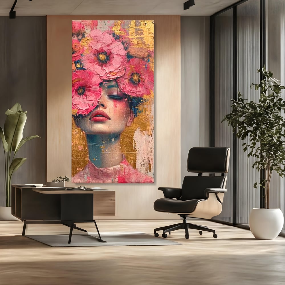 Tablou canvas cu tablou canvas cu portret de femeie si flori roz, fara rama, pe sasiu de lemn, pe perete intr-un birou